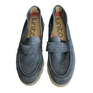 Lunita Vana Blue Soft Suede Leather Loafer Shoes Size 40 Modern Chunky Cushioned